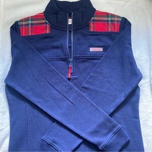 Vineyard Vines Navy Quarter-Zip Pullover with Red Plaid Shoulders